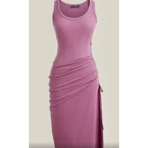 J Crew Ruched Midi Tank Dress in Vintage Rib Small Ribbed Stretch Purple Vintage